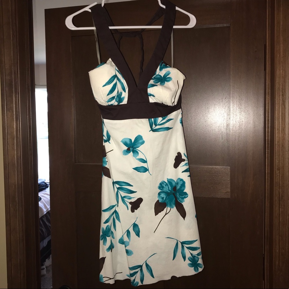 Halter white with brown and blue flower dress